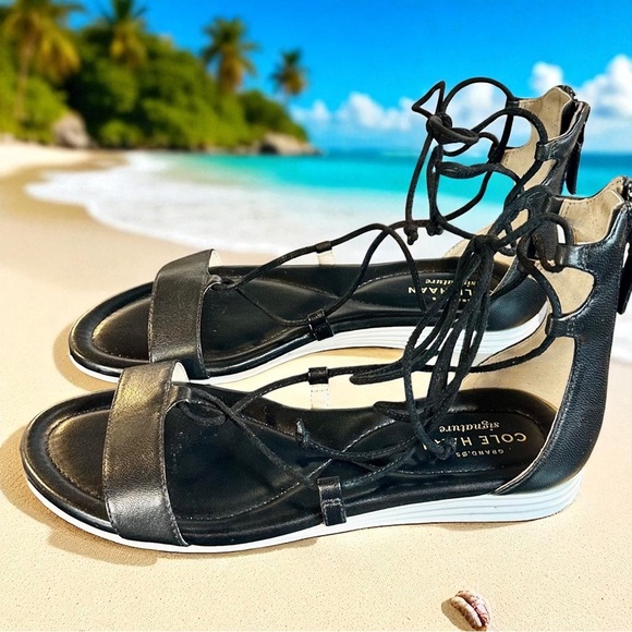 NWOT Cole Haan Grand-OS Black & White Leather Lace-Up Gladiator Sandals Size 5.5 - Picture 12 of 12